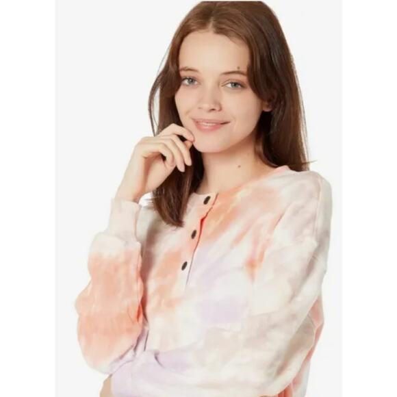 Free People N:PHILANTHROPY Front Button  Tie Dye Crop Sweatshirt Henley -M - Picture 2 of 8